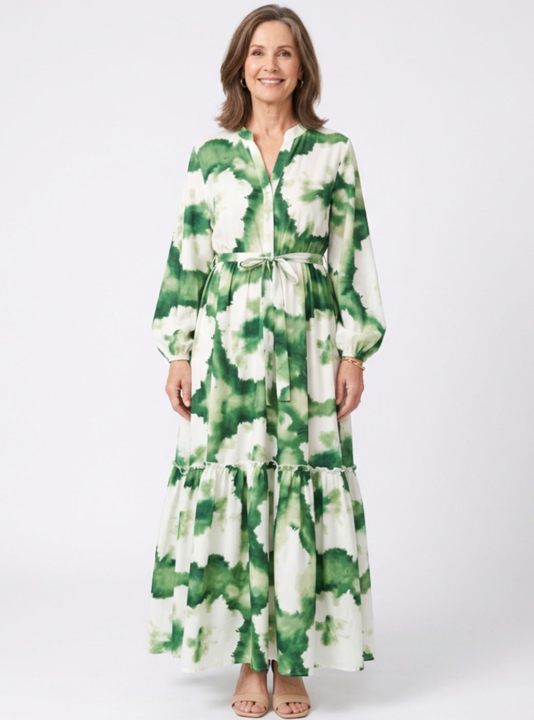 Women's Long Sleeve Tiered Maxi Spring Dress Tie Waist - Floral