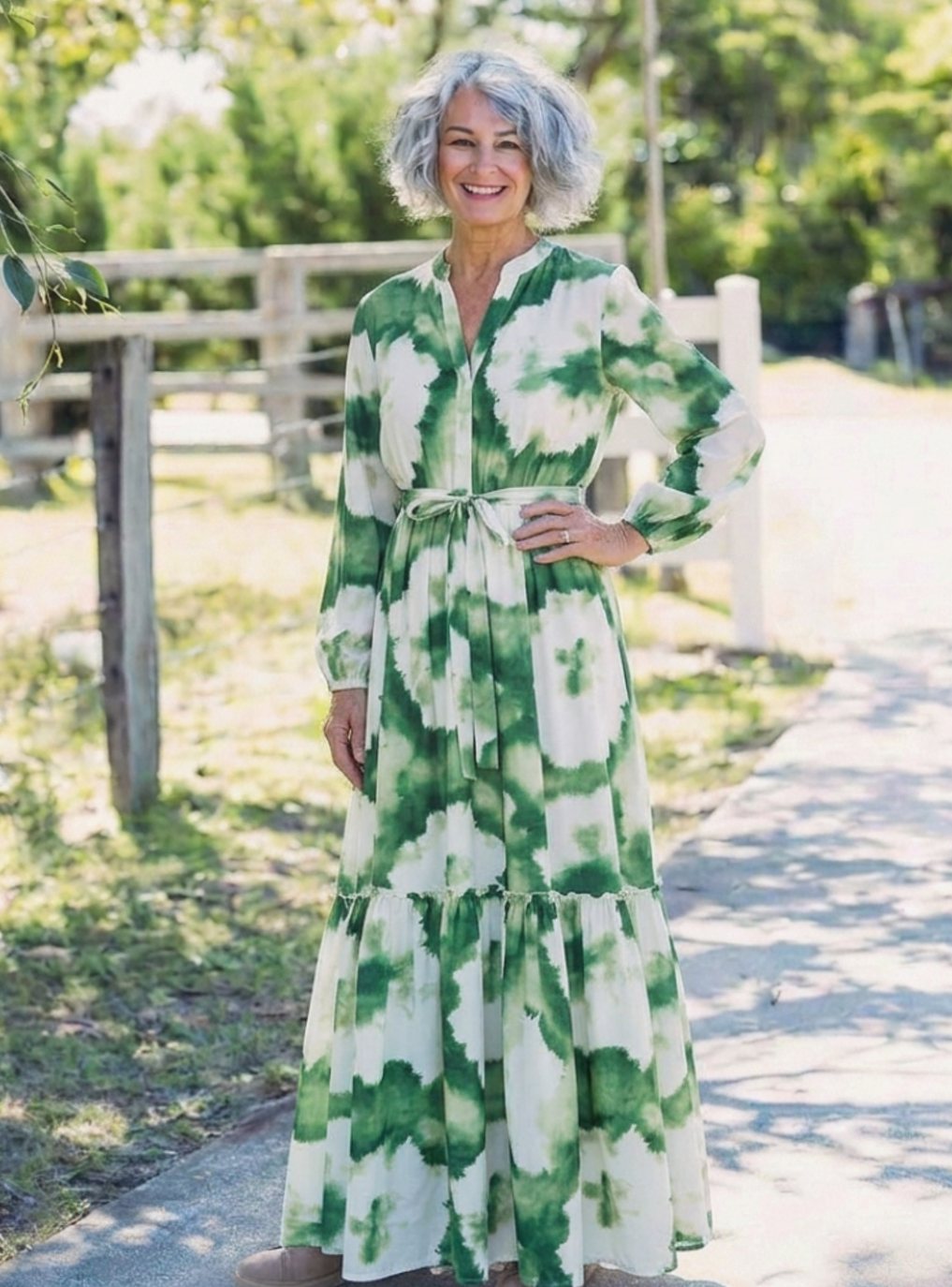 Women's Long Sleeve Tiered Maxi Spring Dress Tie Waist