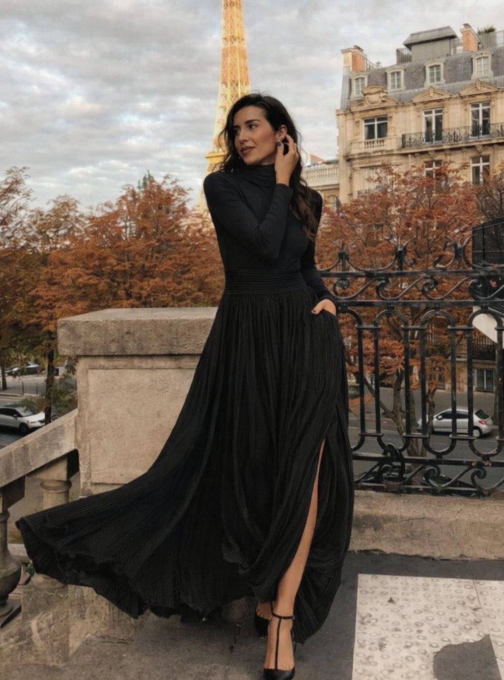 Women's Long Sleeve Turtleneck Pleated Maxi Dress with Pockets