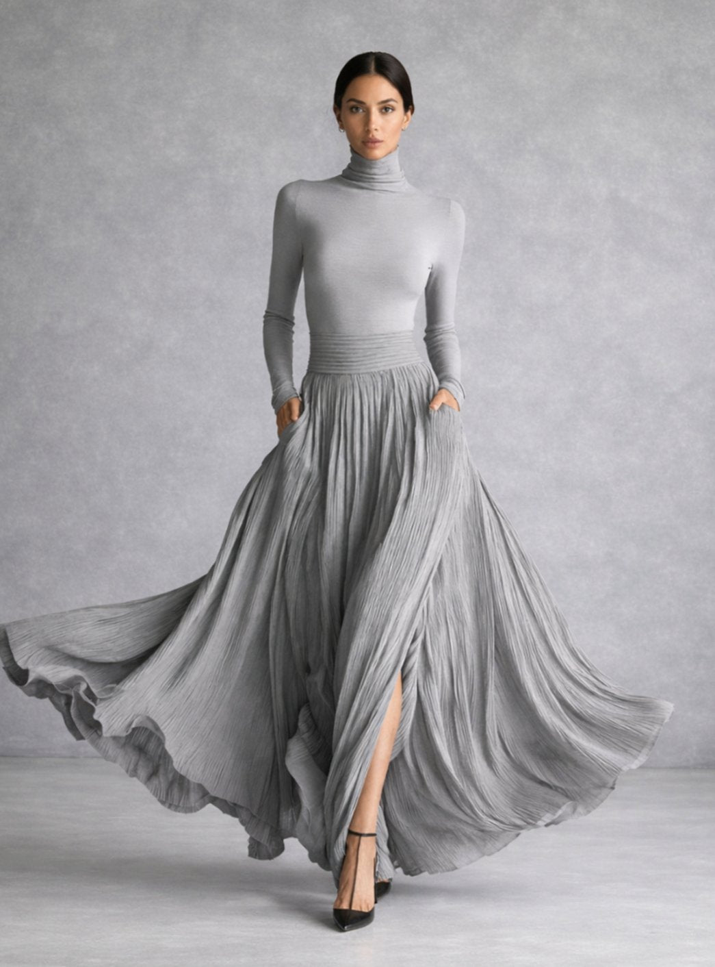 Women's Long Sleeve Turtleneck Pleated Maxi Dress with Pockets - Grey