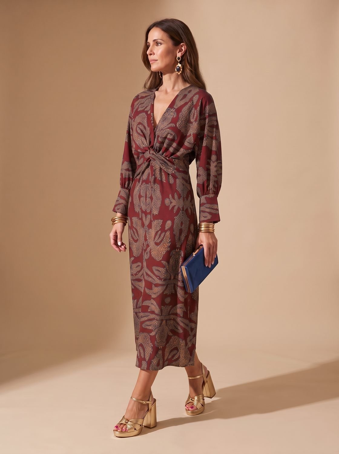 Women's Long-Sleeve V-Neck Printed A-Line Maxi Dress - Red