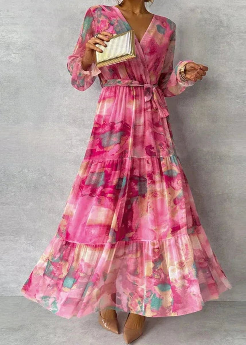 Women's Long-Sleeve V-Neck Tiered Floral Maxi Dress