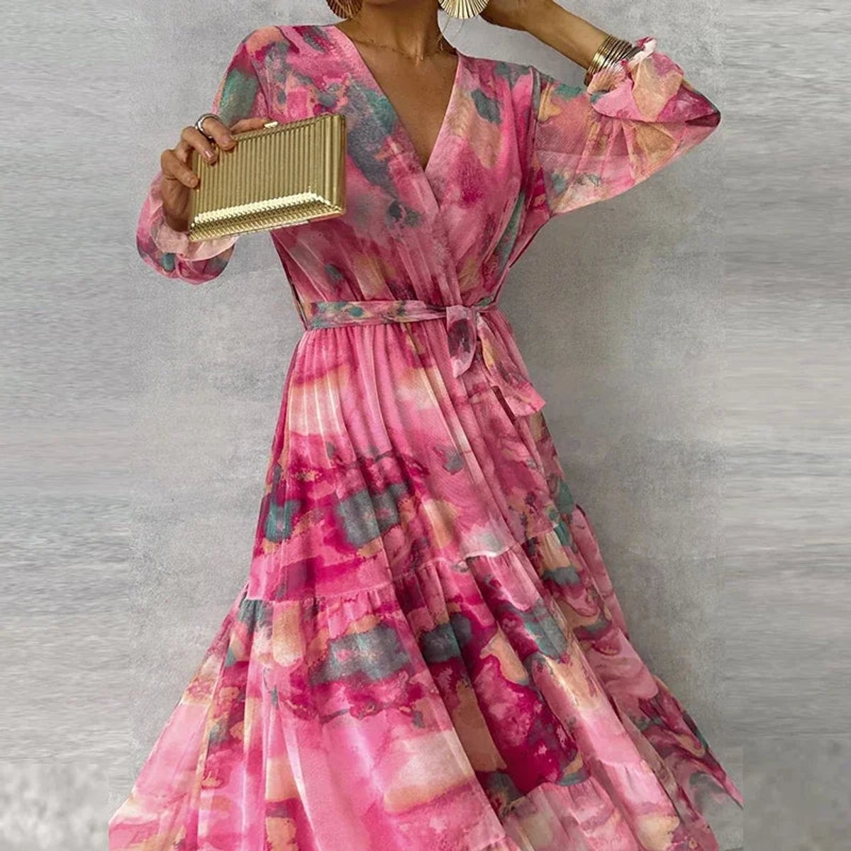 Women's Long-Sleeve V-Neck Tiered Floral Maxi Dress