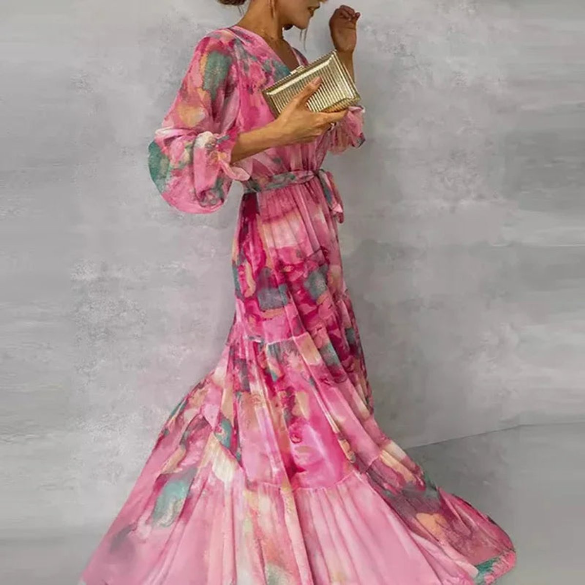 Women's Long-Sleeve V-Neck Tiered Floral Maxi Dress