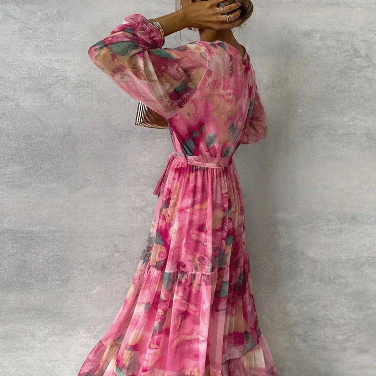Women's Long-Sleeve V-Neck Tiered Floral Maxi Dress