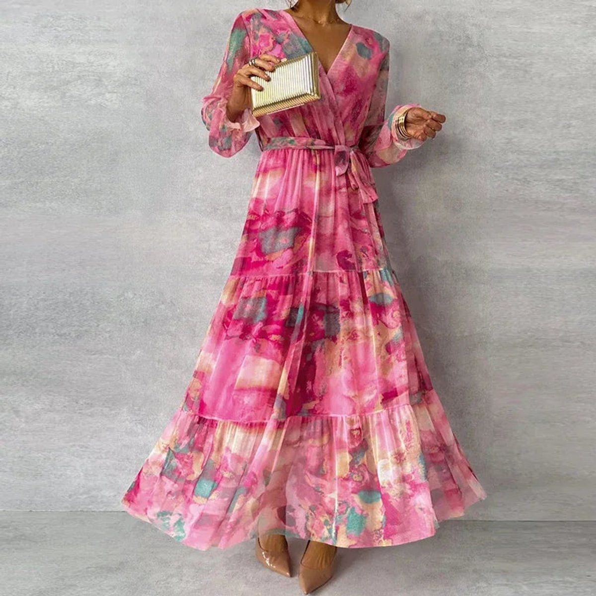 Women's Long-Sleeve V-Neck Tiered Floral Maxi Dress