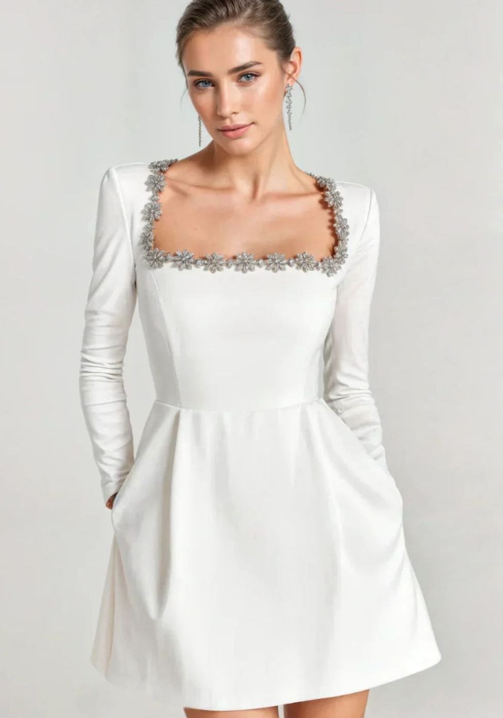 Women's Long-Sleeve Velvet Crystal-Trim Mini Dress - White