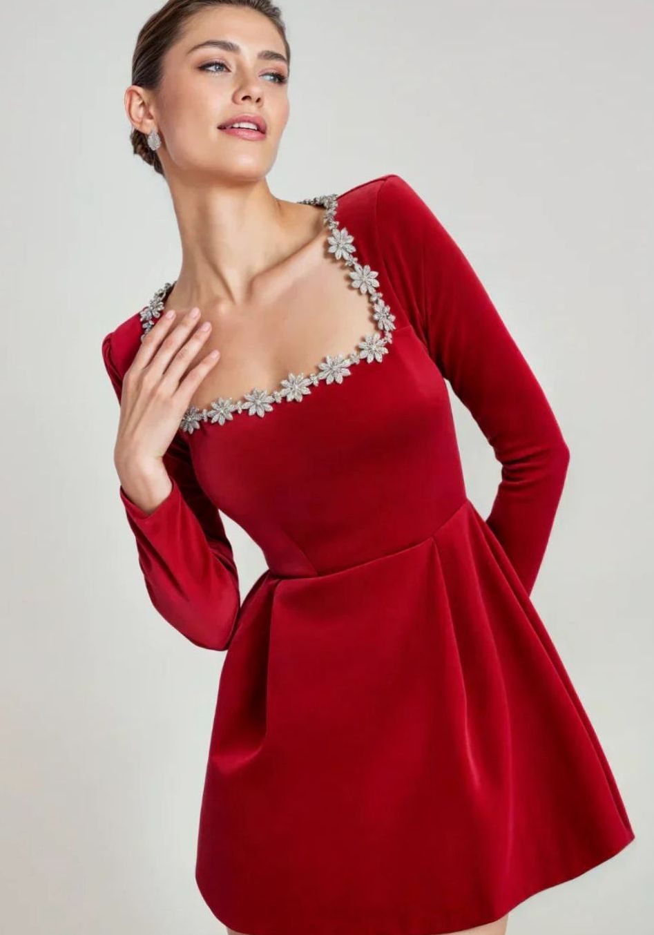 Women's Long-Sleeve Velvet Crystal-Trim Mini Dress
