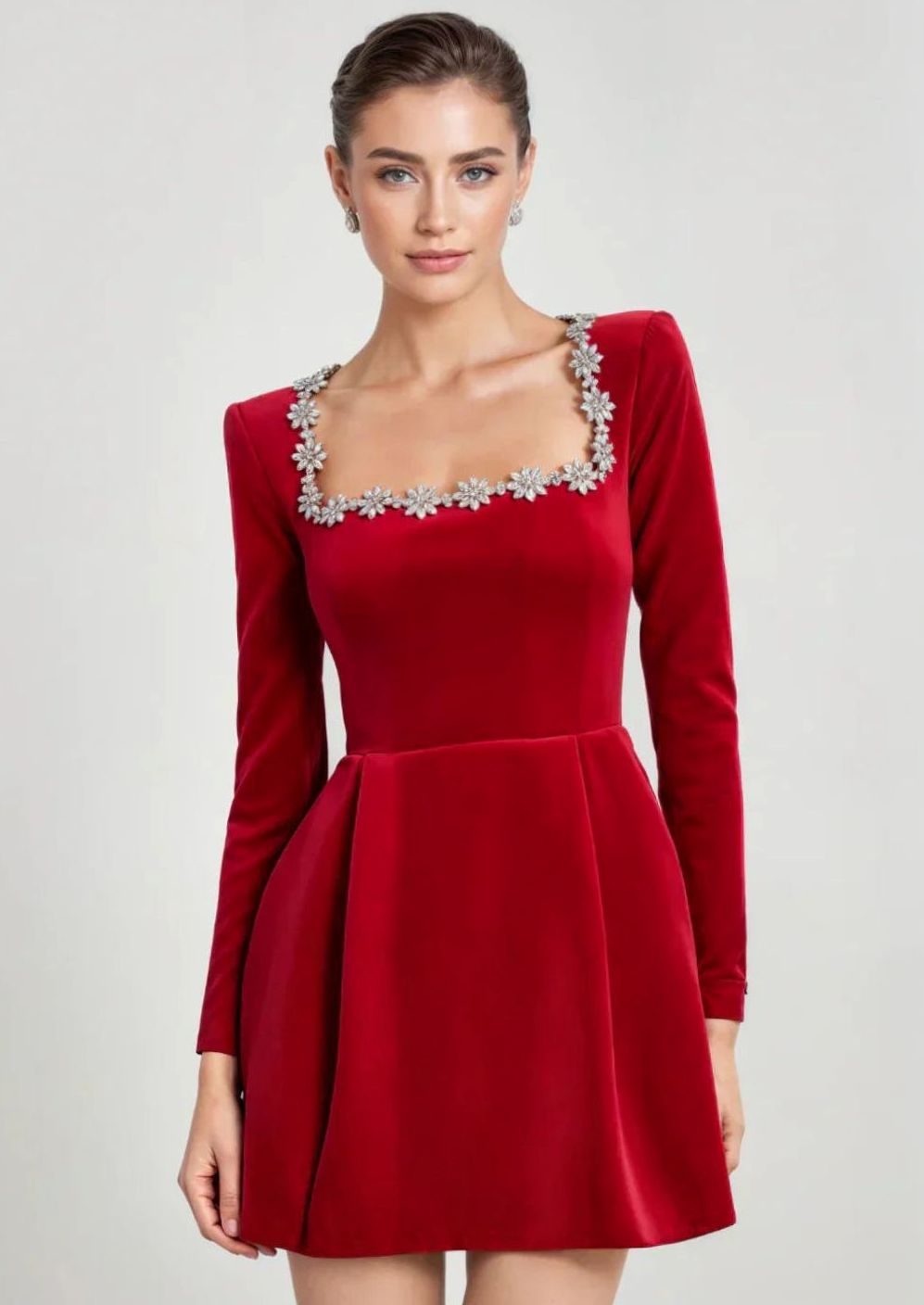 Women's Long-Sleeve Velvet Crystal-Trim Mini Dress - Red