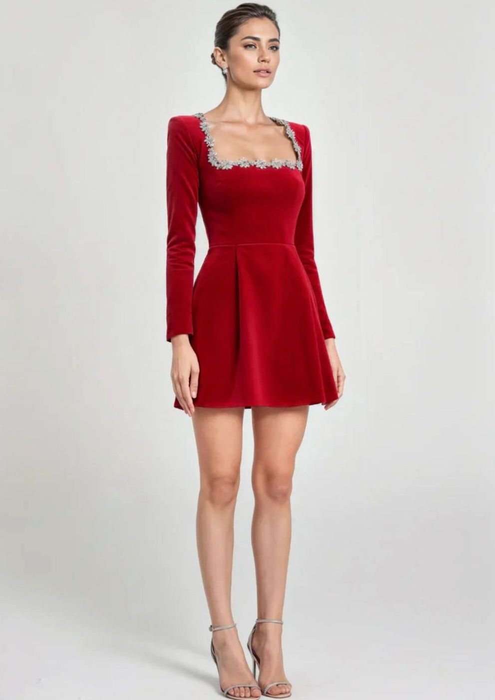 Women's Long-Sleeve Velvet Crystal-Trim Mini Dress
