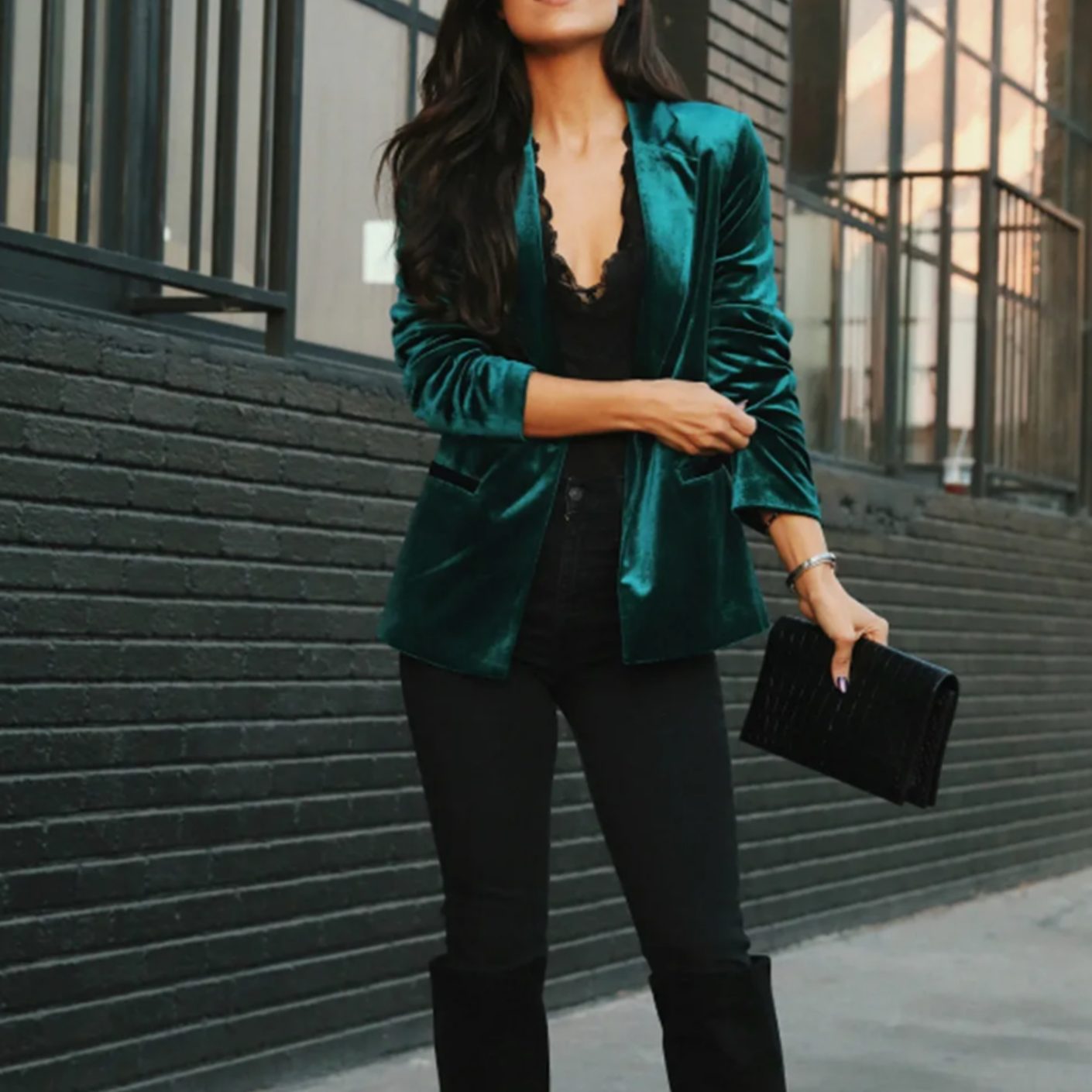 Women's Long-Sleeve Velvet Tailored Blazer - Dark Green