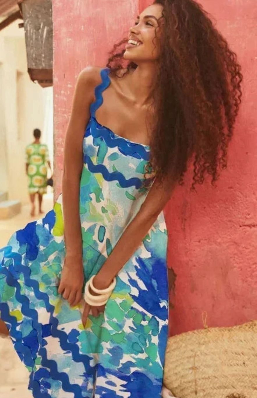 Women's Long Sleeveless Maxi Dress Wavy Trim Detail
