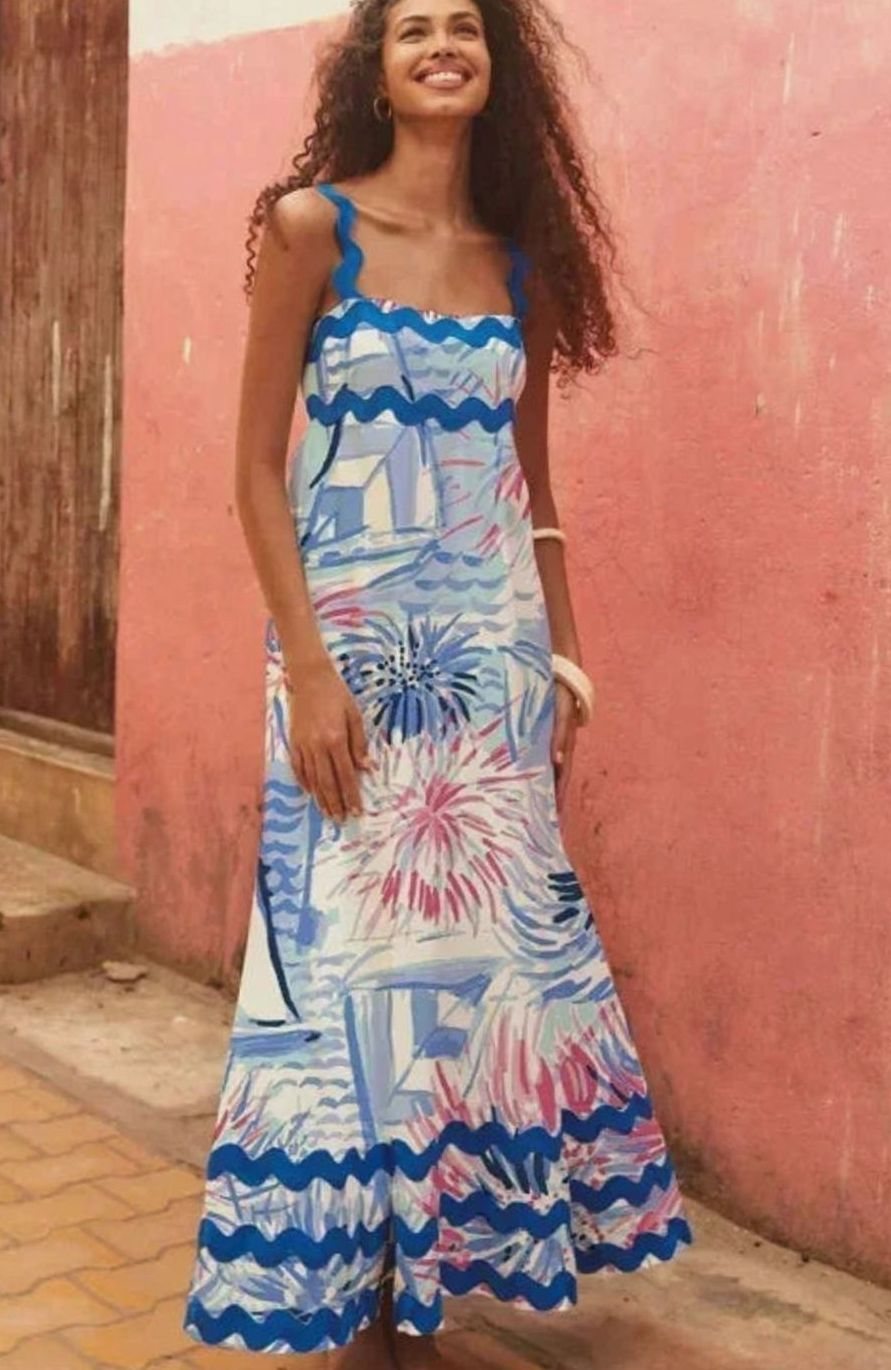 Women's Long Sleeveless Maxi Dress Wavy Trim Detail - Sky Blue