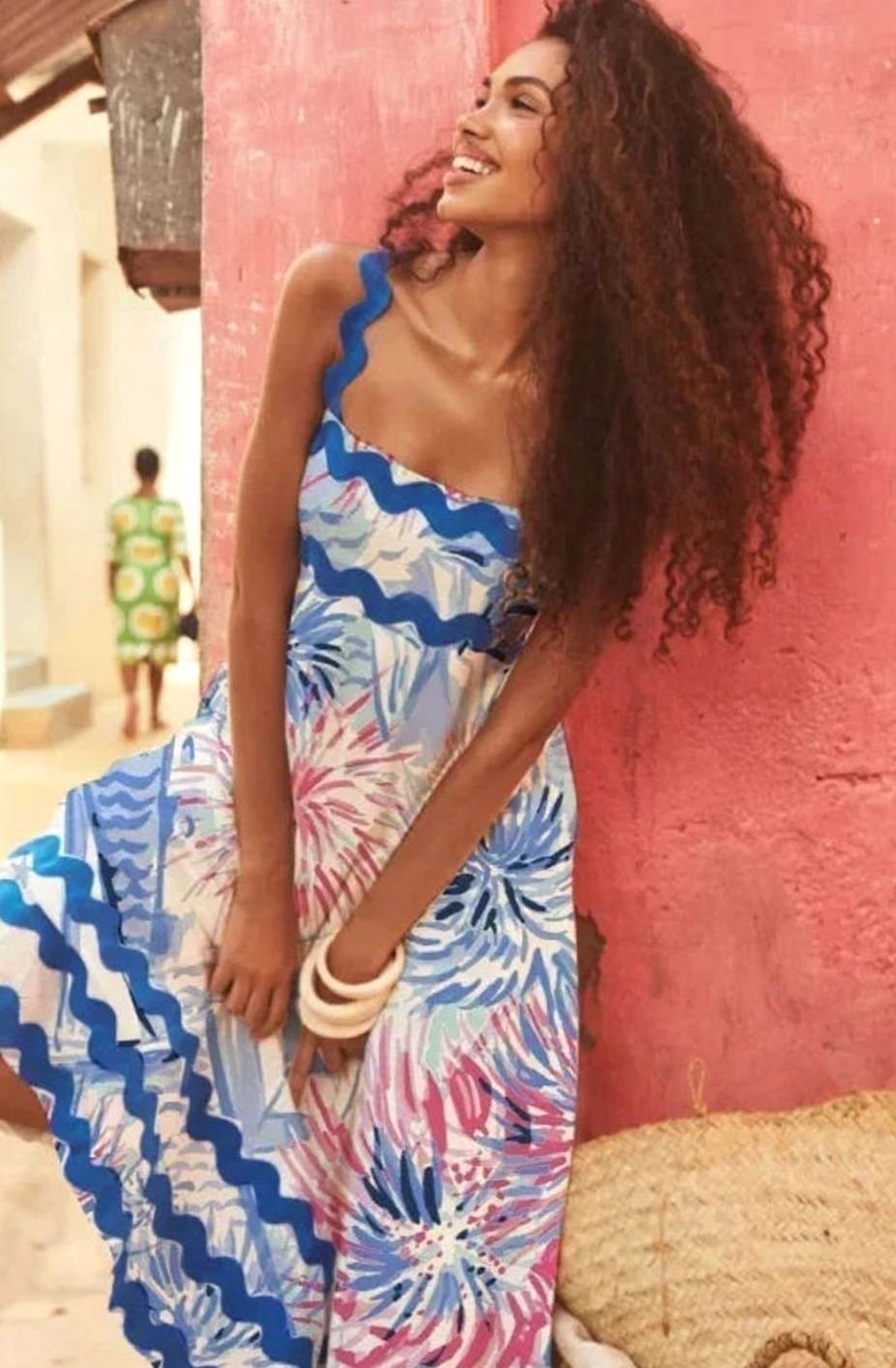 Women's Long Sleeveless Maxi Dress Wavy Trim Detail
