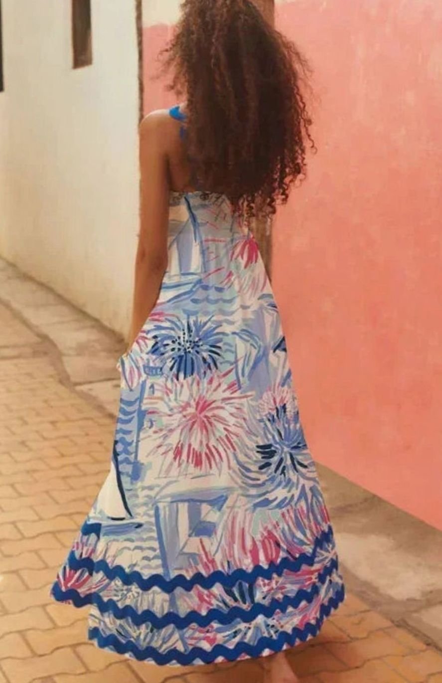 Women's Long Sleeveless Maxi Dress Wavy Trim Detail