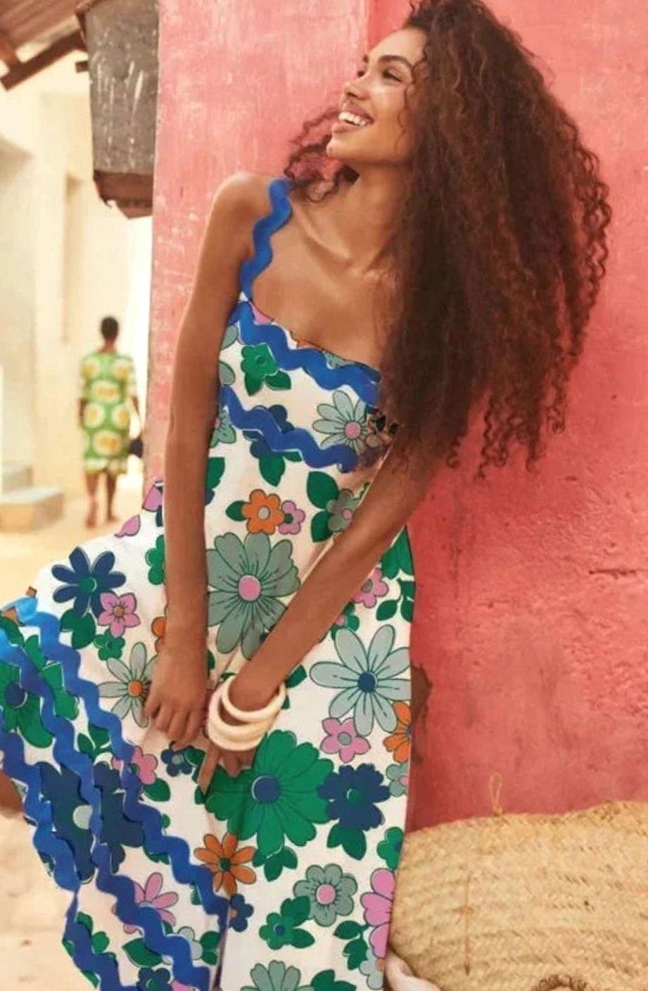 Women's Long Sleeveless Maxi Dress Wavy Trim Detail