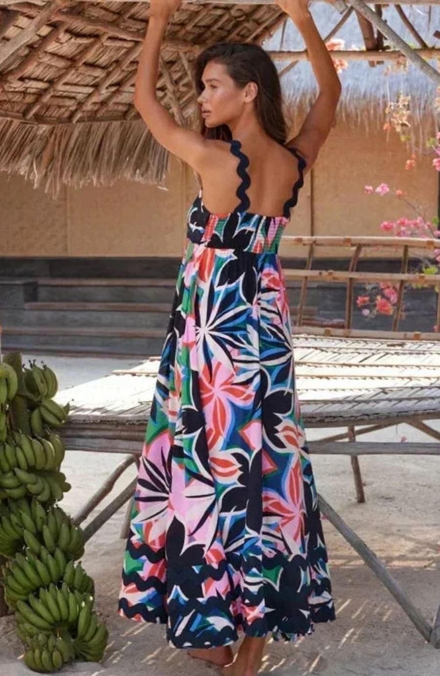Women's Long Sleeveless Maxi Dress Wavy Trim Detail