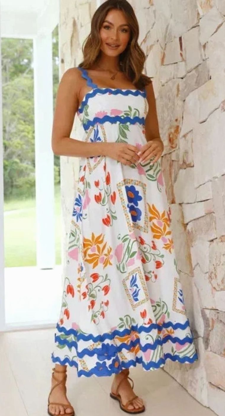 Women's Long Sleeveless Maxi Dress Wavy Trim Detail - White Blue