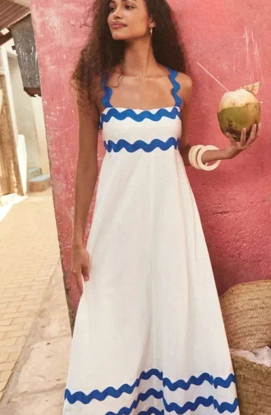 Women's Long Sleeveless Maxi Dress Wavy Trim Detail