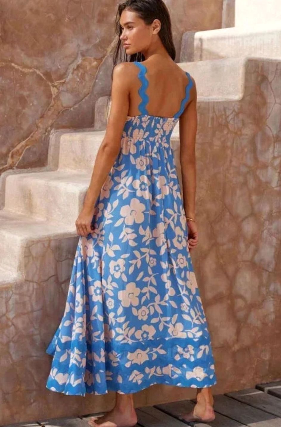 Women's Long Sleeveless Maxi Dress Wavy Trim Detail