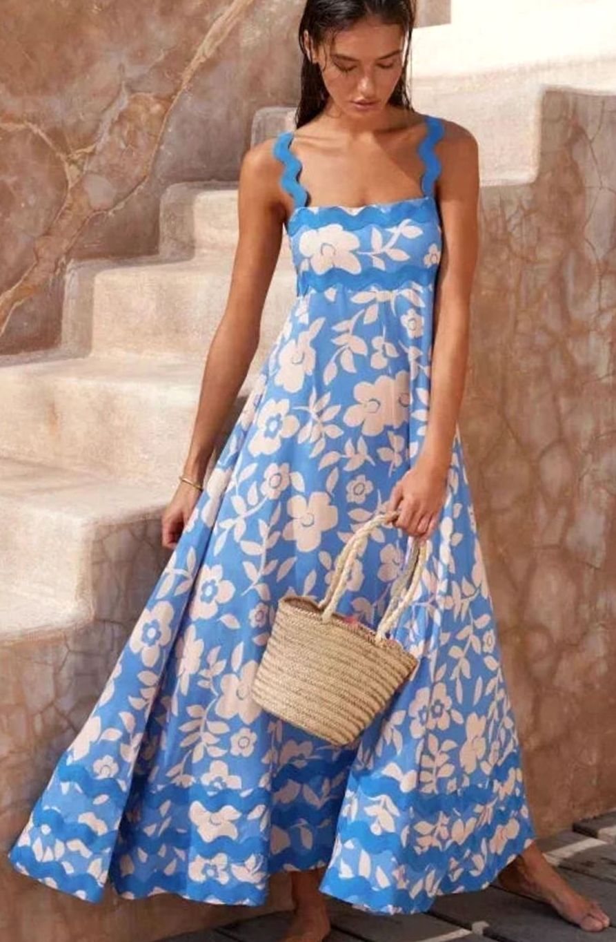 Women's Long Sleeveless Maxi Dress Wavy Trim Detail