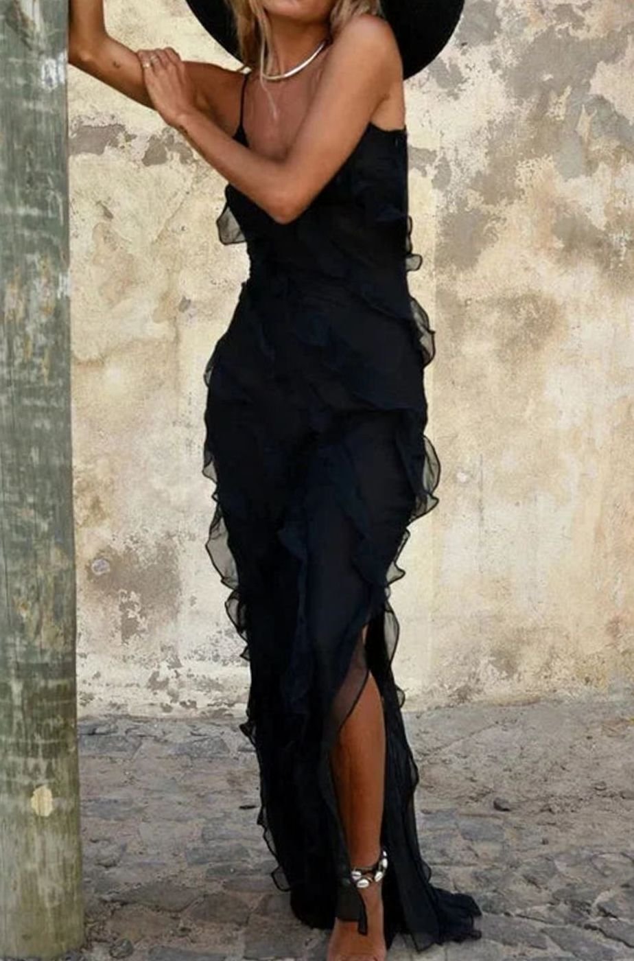 Women's Long Sleeveless Ruffle Maxi Dress V-Neck Slit