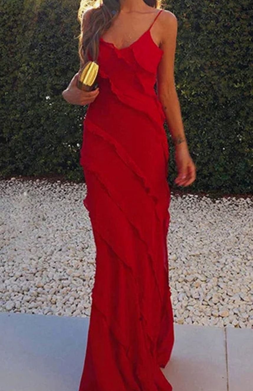 Women's Long Sleeveless Ruffle Maxi Dress V-Neck Slit