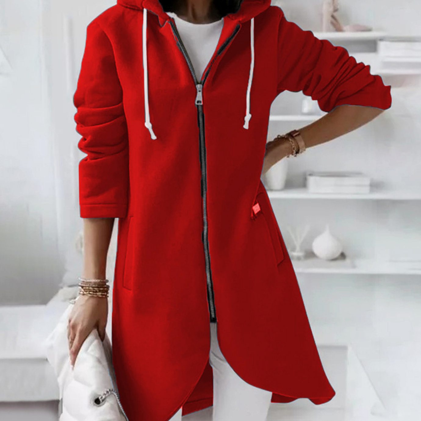 Women's Longline Zip-Up Hooded Light Jacket A-Line Fleece - Red