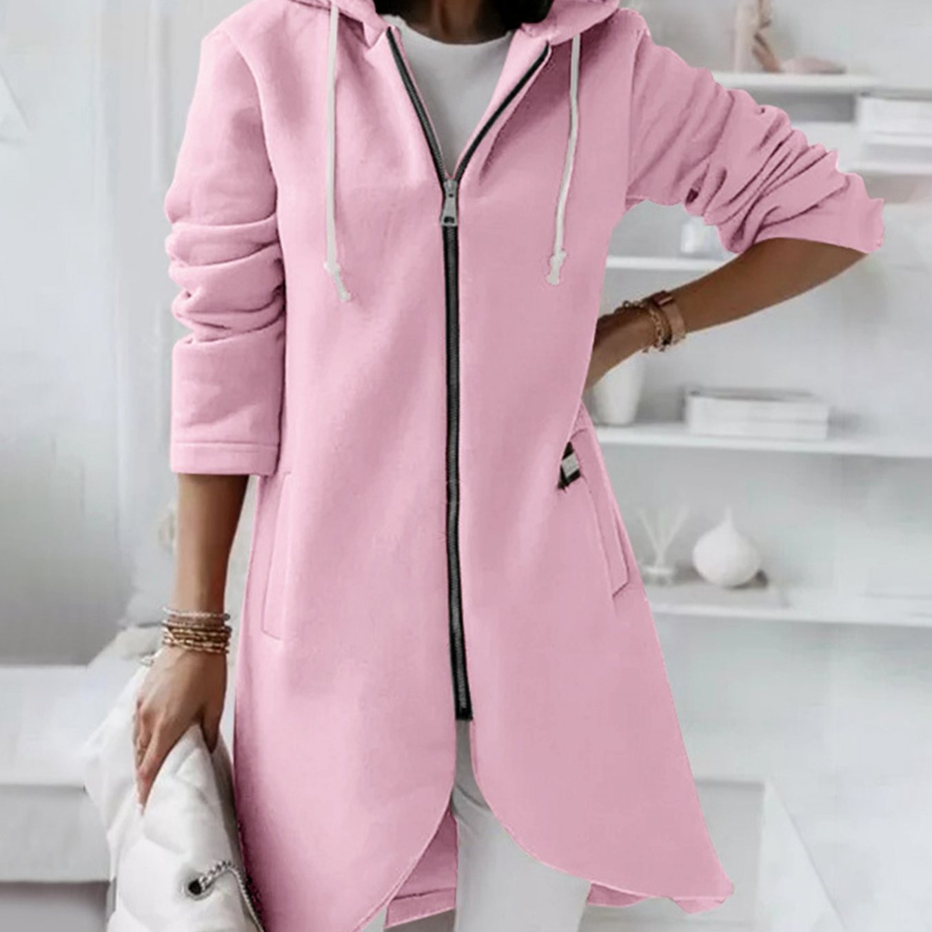 Women's Longline Zip-Up Hooded Light Jacket A-Line Fleece - Pink