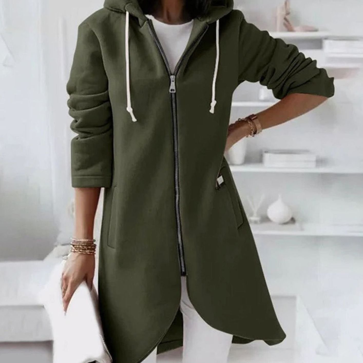 Women's Longline Zip-Up Hooded Light Jacket A-Line Fleece - Green