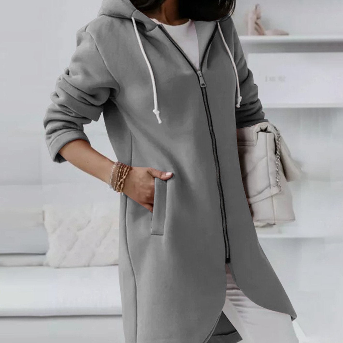 Women's Longline Zip-Up Hooded Light Jacket A-Line Fleece - Grey