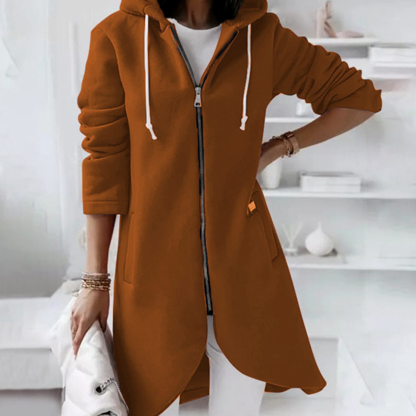 Women's Longline Zip-Up Hooded Light Jacket A-Line Fleece - Coffee Brown