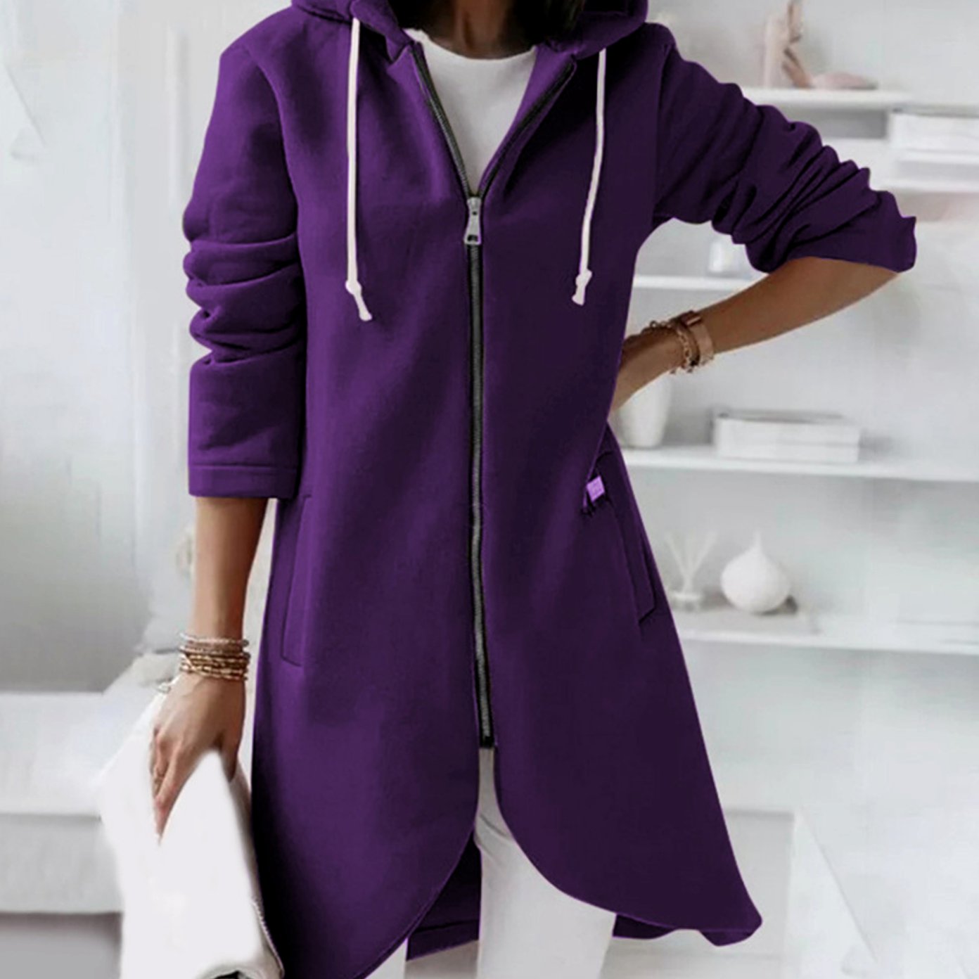 Women's Longline Zip-Up Hooded Light Jacket A-Line Fleece - Purple