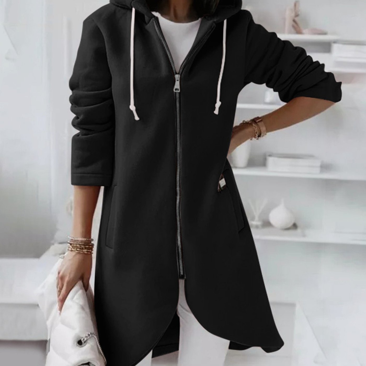 Women's Longline Zip-Up Hooded Light Jacket A-Line Fleece - Black