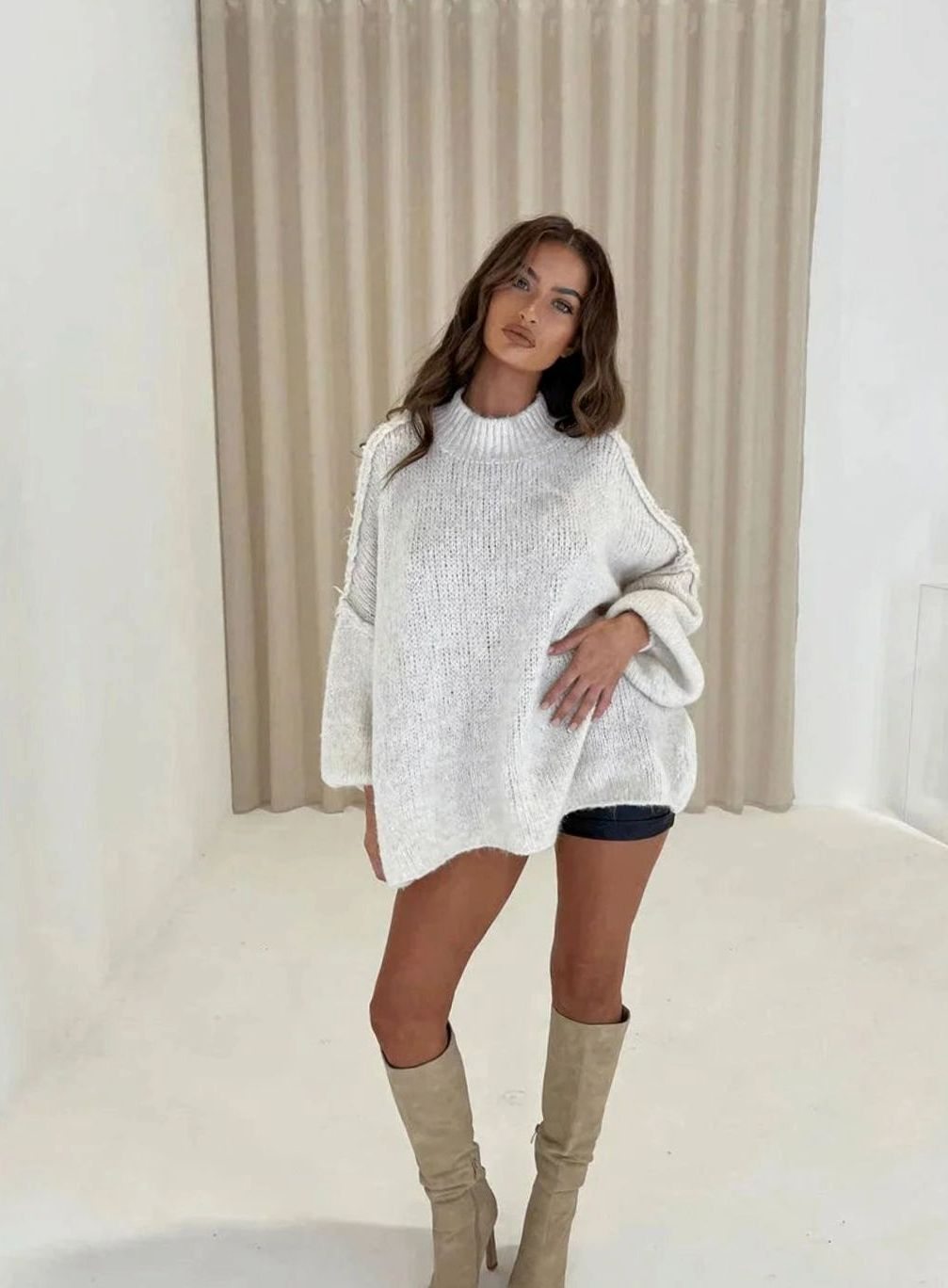 Women's Loose Knit Sweater Mock Turtleneck Pullover