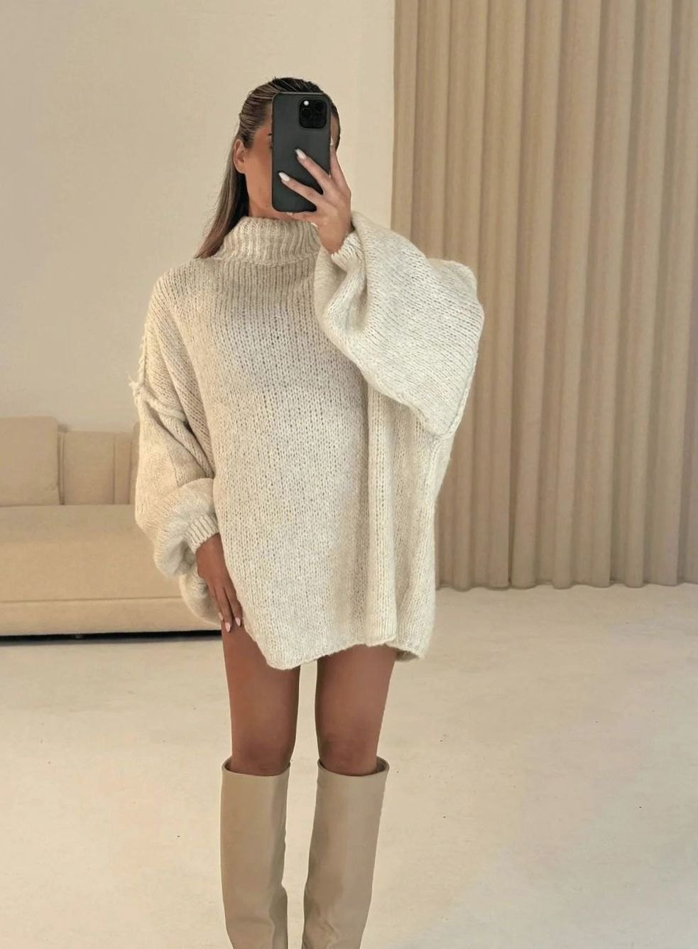 Women's Loose Knit Sweater Mock Turtleneck Pullover