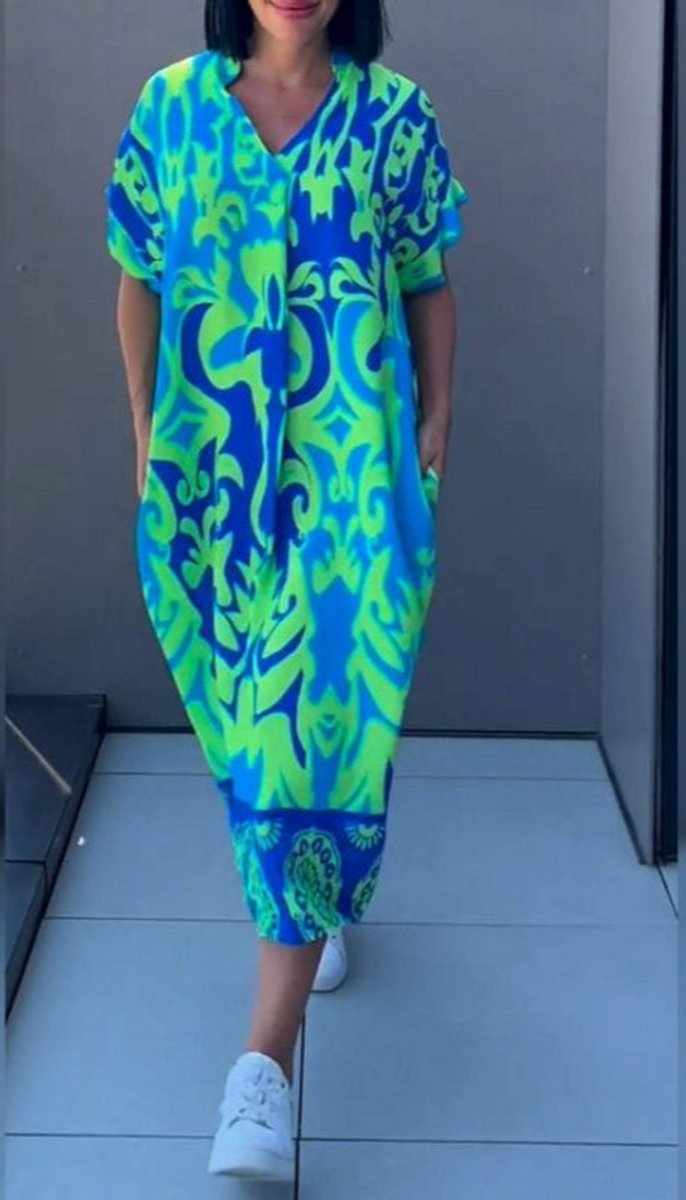 Women's Loose V-Neck Printed Midi Dress