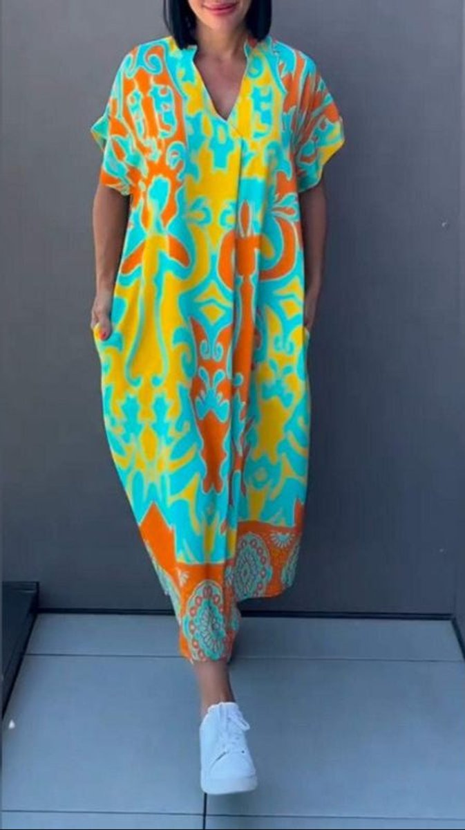 Women's Loose V-Neck Printed Midi Dress - Yellow