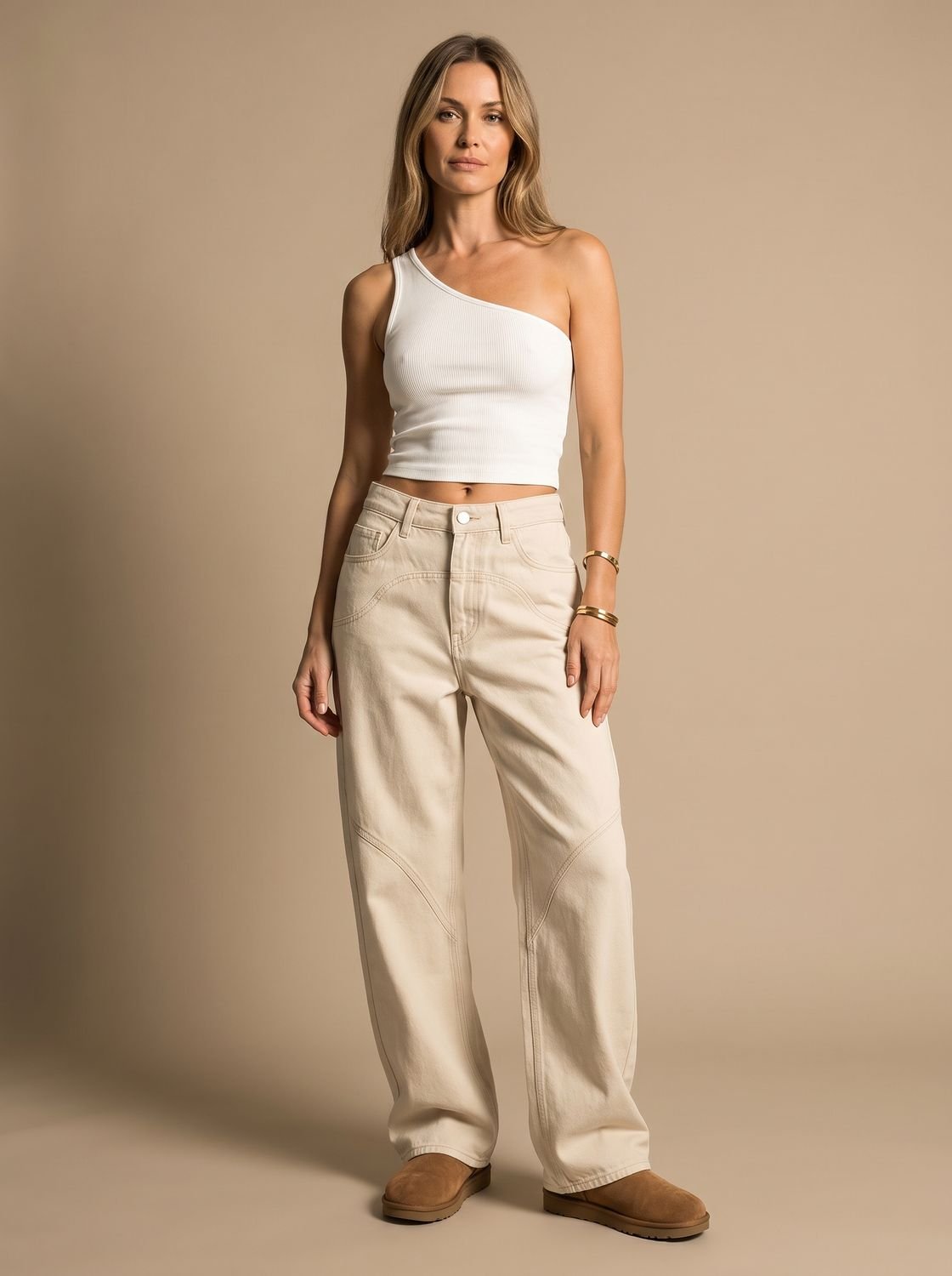 Women's Low-Waist Wide-Leg Flared Beige Trousers - Beige
