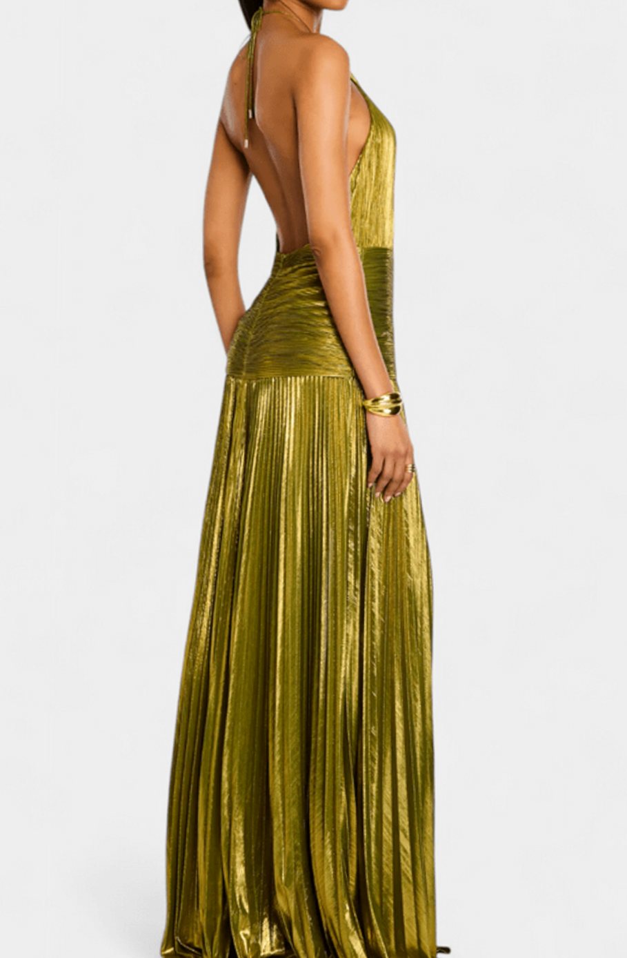 Women's Metallic Gold Halter-Neck Pleated Maxi Dress
