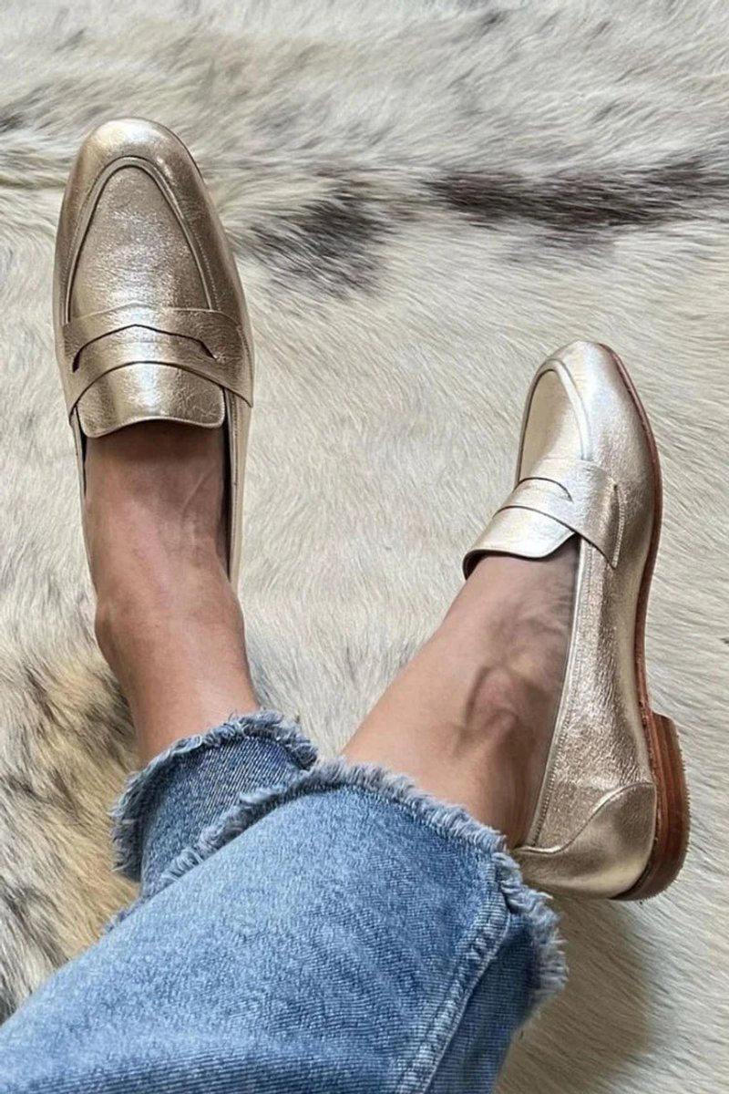 Women's Metallic Gold Slip-On Penny Loafers - Gold