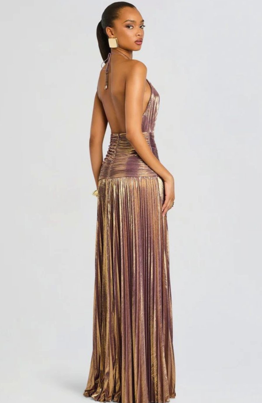 Women's Metallic Halter Maxi Dress Pleated High-Slit Backless Gown