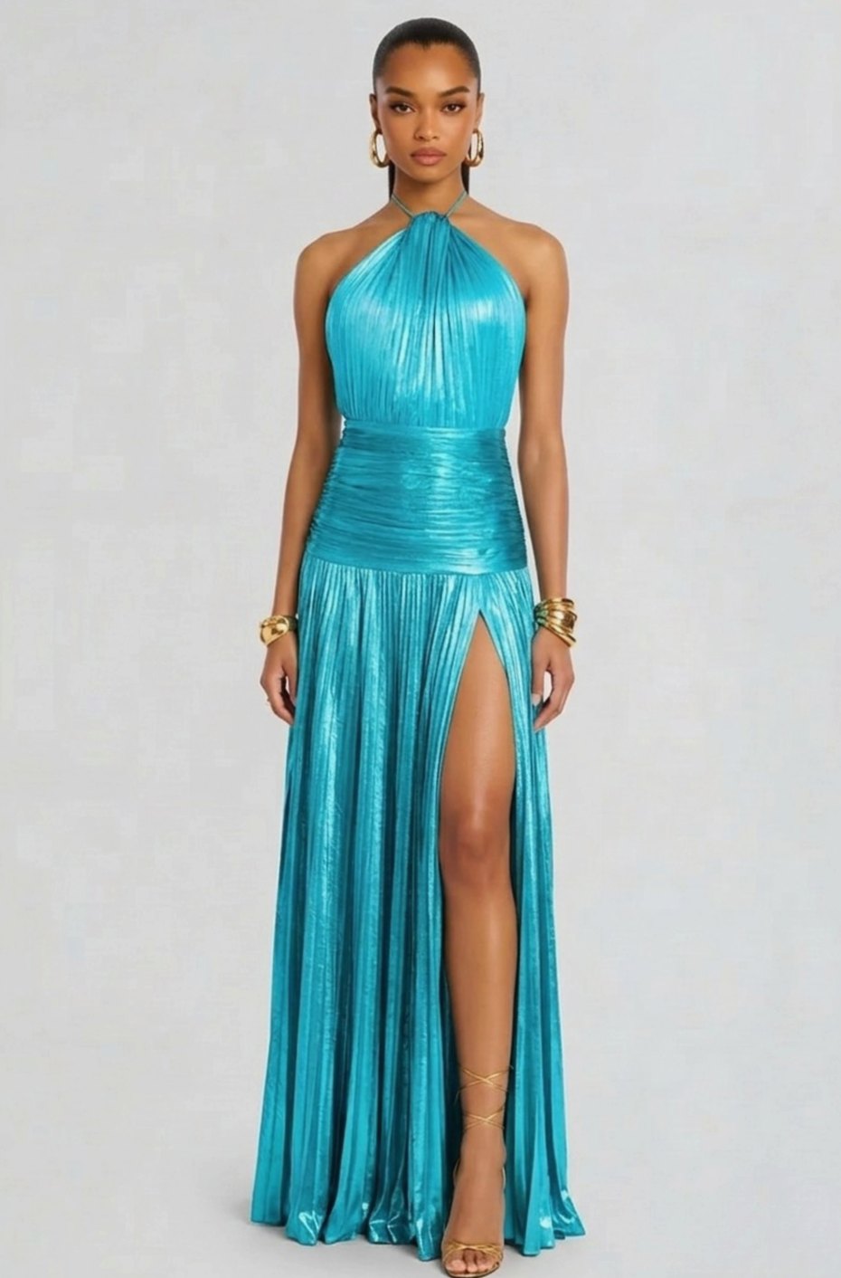 Women's Metallic Halter Maxi Dress Pleated High-Slit Backless Gown - Light Blue