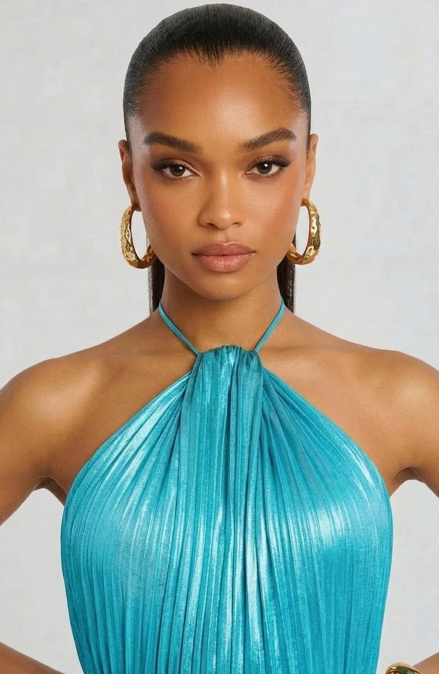 Women's Metallic Halter Maxi Dress Pleated High-Slit Backless Gown