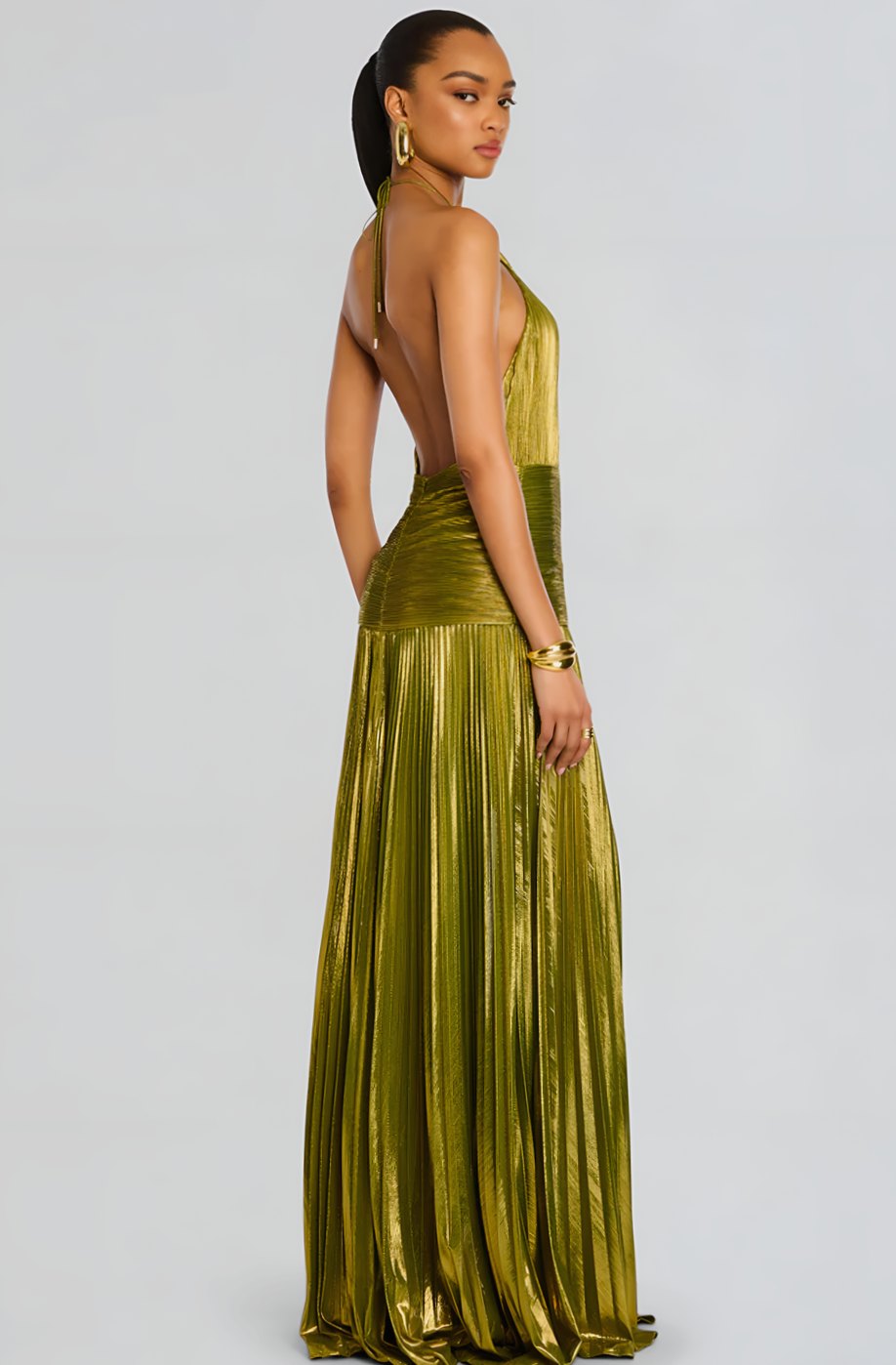 Women's Metallic Halter Maxi Dress Pleated High-Slit Backless Gown