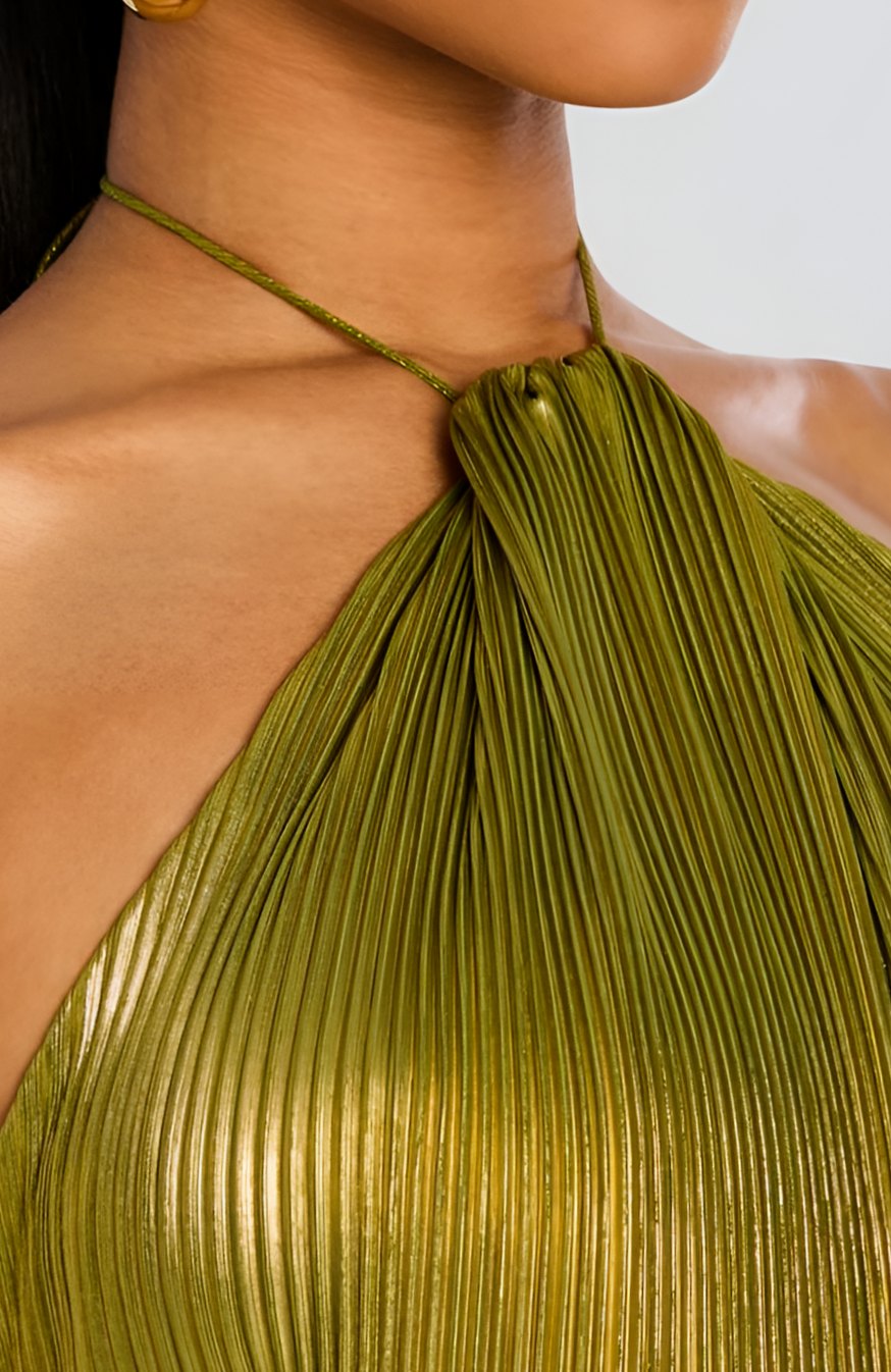 Women's Metallic Halter Maxi Dress Pleated High-Slit Backless Gown