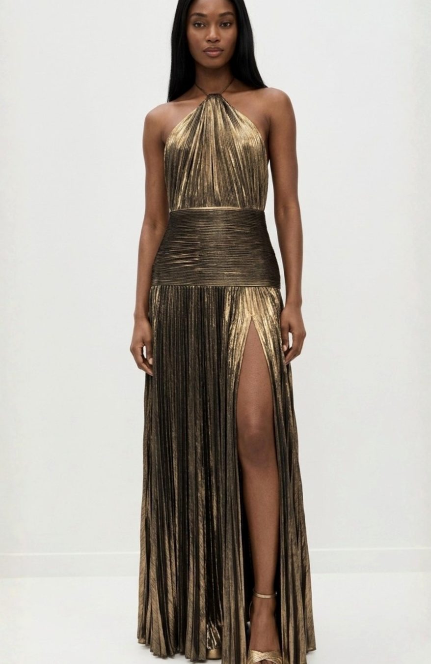 Women's Metallic Halter Maxi Dress Pleated High-Slit Backless Gown - Brown
