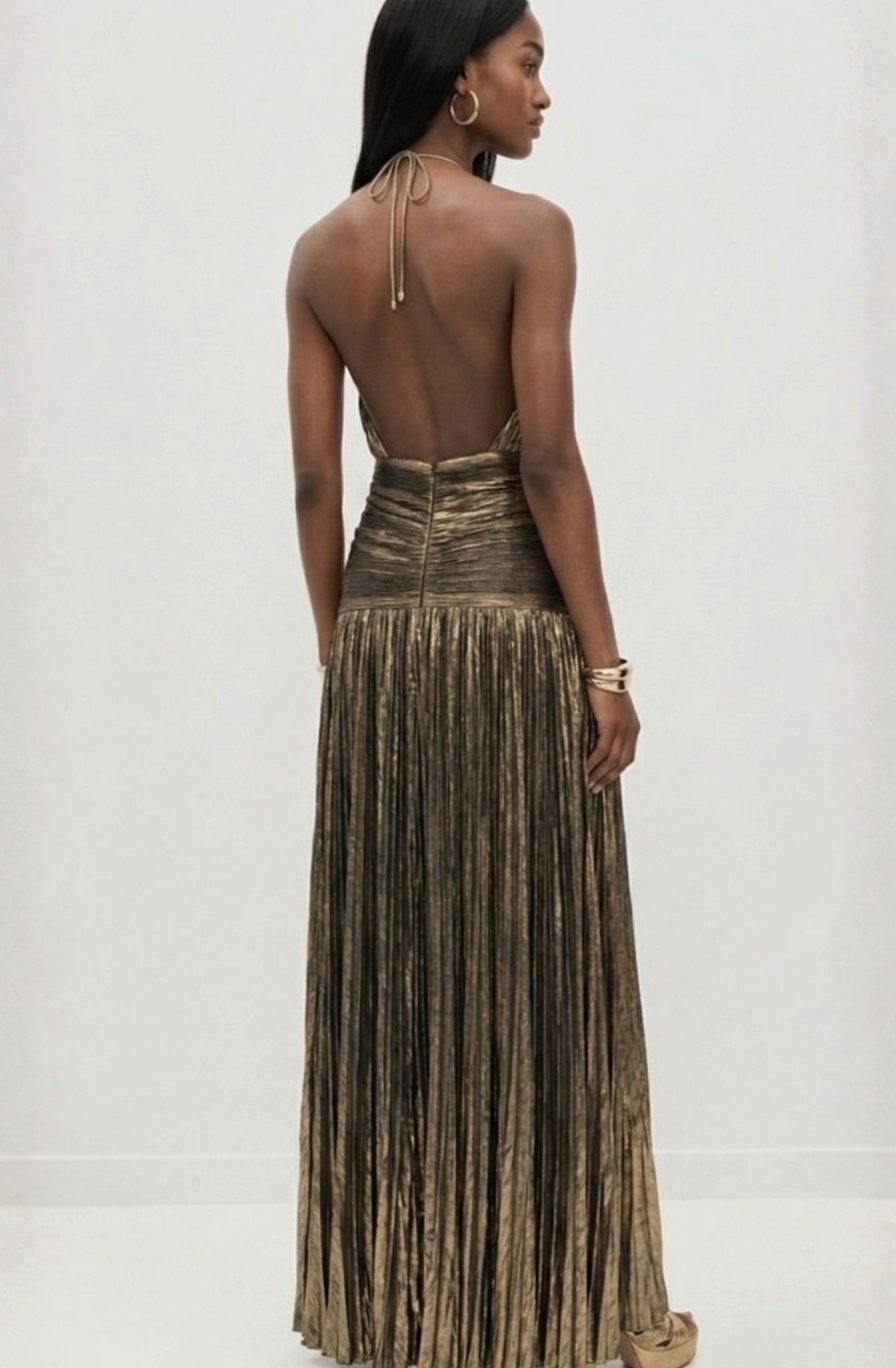 Women's Metallic Halter Maxi Dress Pleated High-Slit Backless Gown