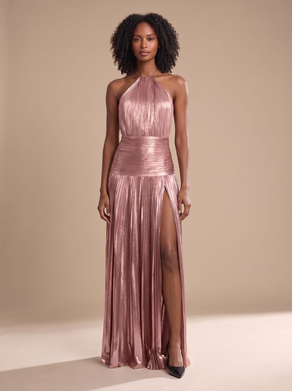 Women's Metallic Pleated Halter-Neck Backless Maxi Dress - Pink
