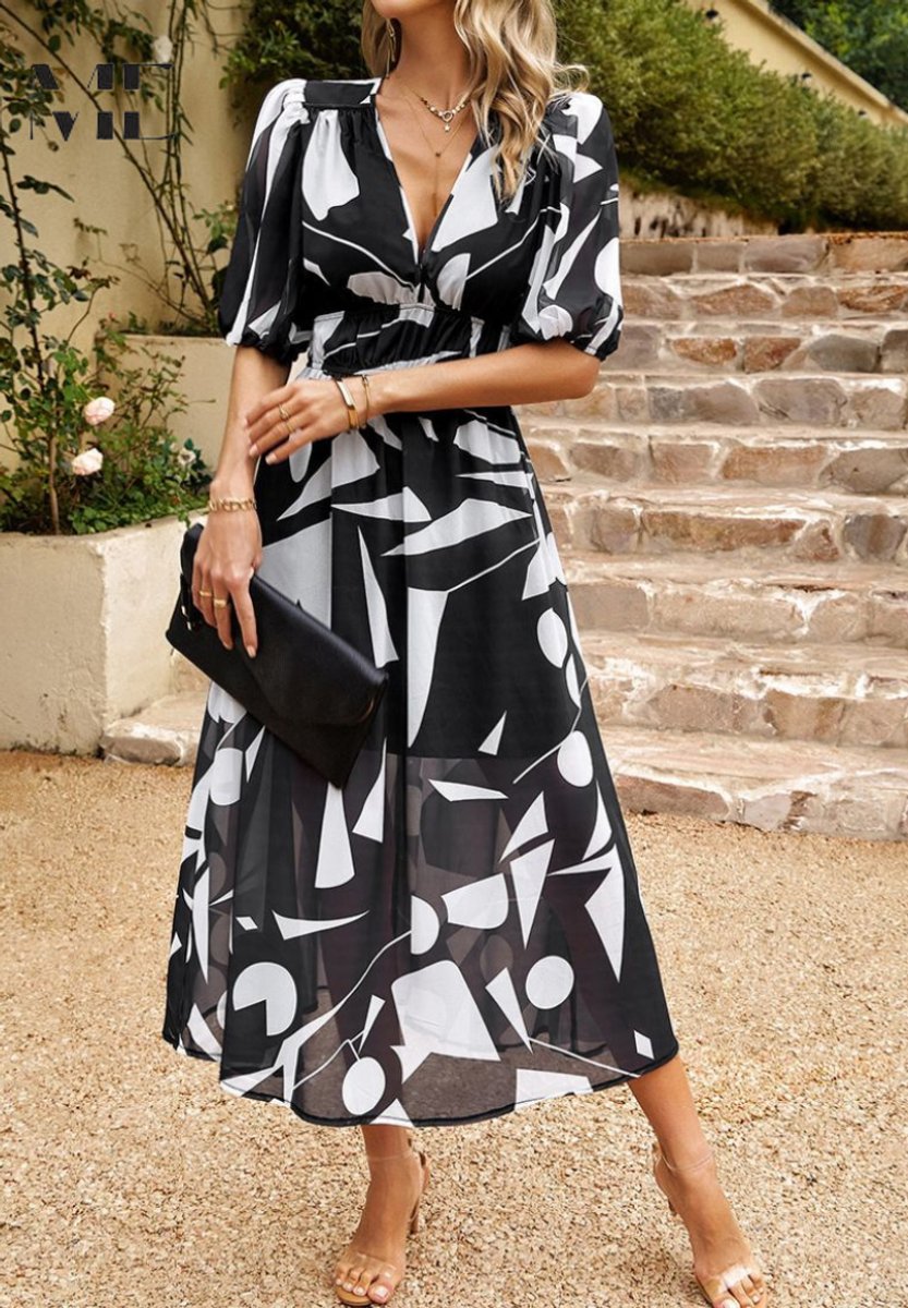 Women's Multicolour Botanical Floral Dress V-Neck Midi